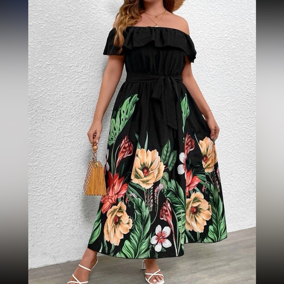 Plus size floral print off shoulder belted ruffle trim maxi dress - Picture 3 of 8